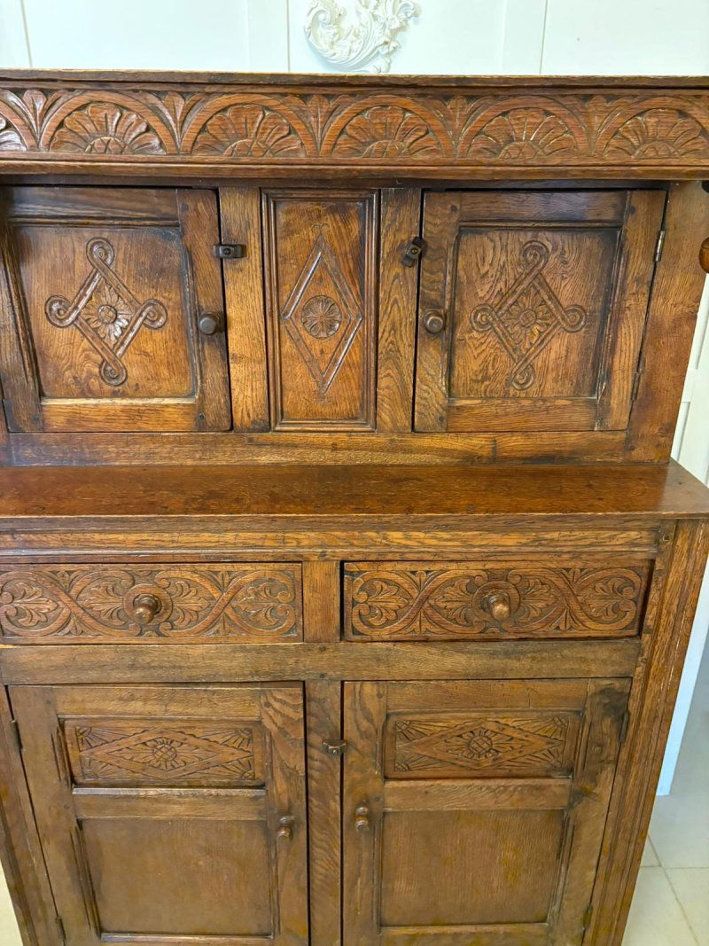 Quality Antique Carved Oak Court Cupboard with Ipswich Carving
